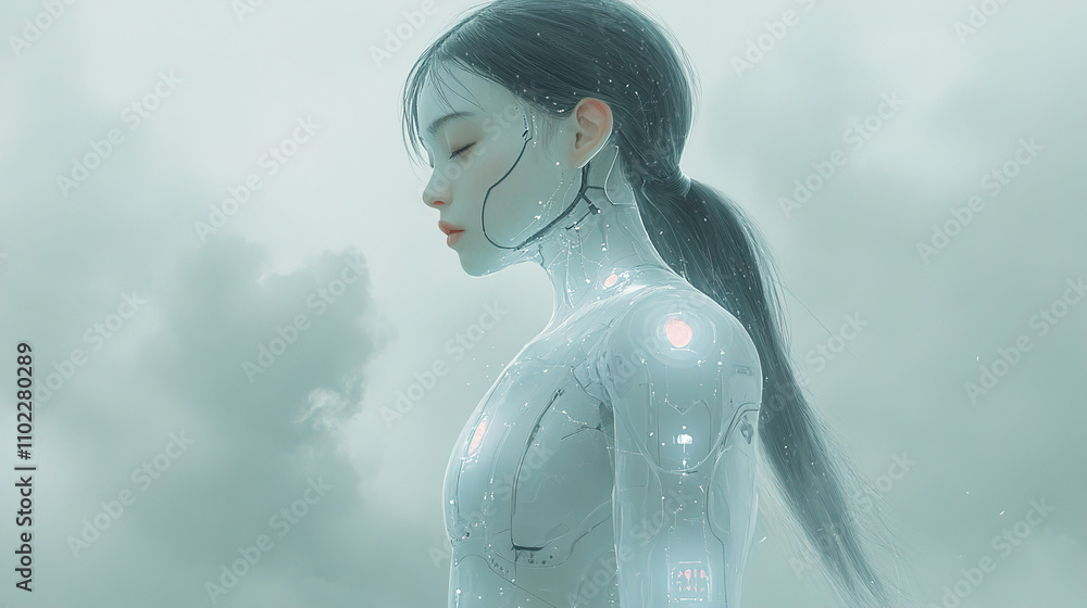 Poster futuristic humanoid robot stands gracefully in a misty environment, showcasing advanced technology a
