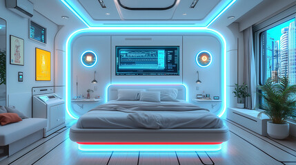 Fototapeta premium Modern bedroom with luminous design and futuristic technology in a high-rise urban setting. Generative AI