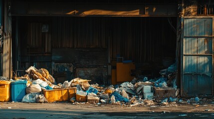 Factory waste storage area, piles of trash, broken equipment, toxic spills, scattered plastic, ruined ground, dark industrial setting, pollution