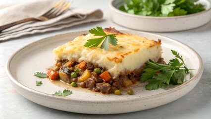 Shepherd’s pie served on a plate garnished with fresh parsley