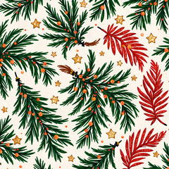 Naklejka premium Charming holiday leaves and stars pattern for seasonal celebrations, digital illustration of seamless pattern concept.