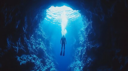 Diver exploring a hidden underwater cave with vivid blue hues