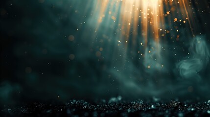 Golden rays and particles over glitter surface. Magic atmosphere