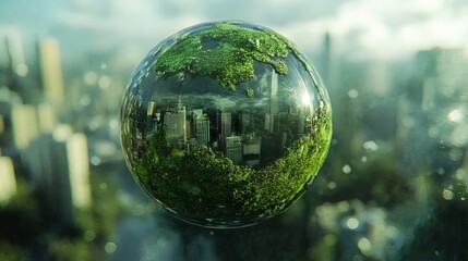 Green Planet Earth with Moss and Buildings - AI generated illustration