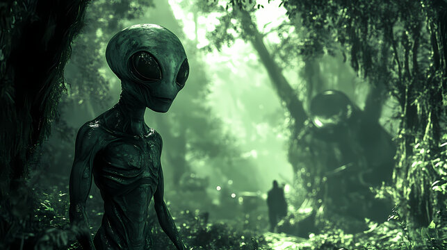 The image shows an alien exploring a lush green forest with trees towering above him, all created with stock artificial intelligence. Alien. Illustration