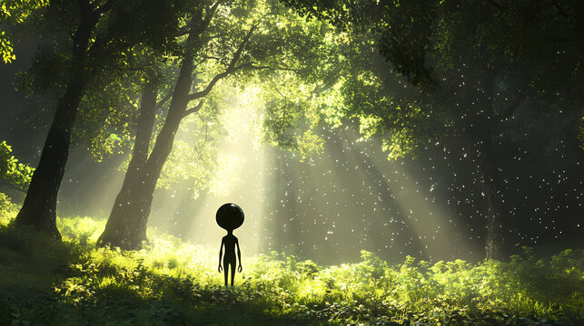 The image shows an alien exploring a lush green forest with trees towering above him, all created with stock artificial intelligence. Alien. Illustration