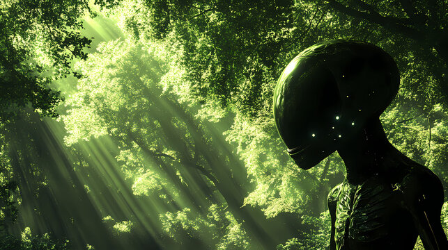 The image shows an alien exploring a lush green forest with trees towering above him, all created with stock artificial intelligence. Alien. Illustration