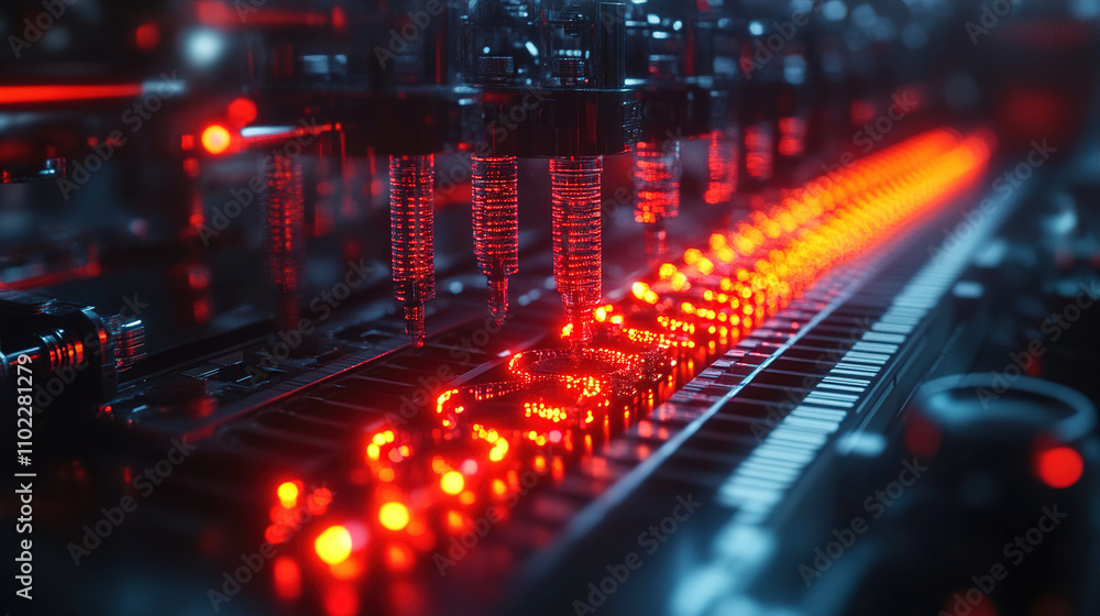 Poster advanced machinery processes intricate red patterns in a high-tech manufacturing facility during nig