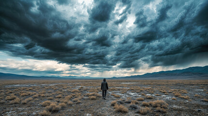 Solitary figure walking in desolate desert landscape under dramatic stormy sky with dark thunderclouds, mountains in distance, moody atmospheric wilderness scene