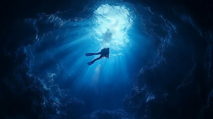 Scuba diver swimming through a sunlit blue underwater cavern