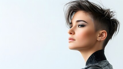 A young person with a stylish undercut and long, textured top poses in profile, highlighting the contrast between the close-cropped sides and the flowing hair on top.
