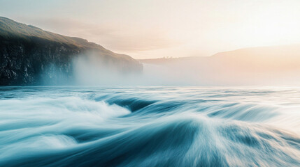 Fototapeta premium Godafoss waterfall flowing into skjalfandafljot river at sunset in iceland