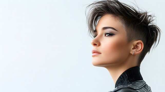 A young person with a stylish undercut and long, textured top poses in profile, highlighting the contrast between the close-cropped sides and the flowing hair on top.
