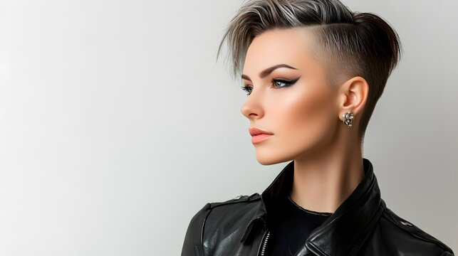 A young person with a stylish undercut and long, textured top poses in profile, highlighting the contrast between the close-cropped sides and the flowing hair on top.