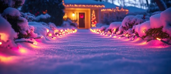 A snow-covered pathway lined with twinkling Christmas lights leads to a festive home.