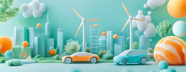 Minimalist Green Energy Concept with Wind Turbine and Bicycle - AI generated illustration