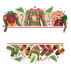 Watercolor rectangular frame of ugly Christmas sweaters, hats, socks and mittens isolated on a transparent background. Party invitation, postcard