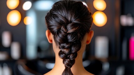 A woman with long black hair in a braided ponytail in a salon