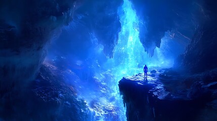 Fototapeta premium Diver suspended in vibrant blue light in a mysterious cave