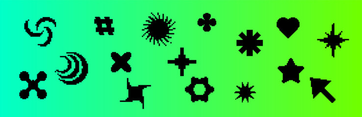 Black pixel icon set with digital symbols like explosions, swirls, and lines, designed to capture the retro aesthetics of the 90s in web and interface graphics.