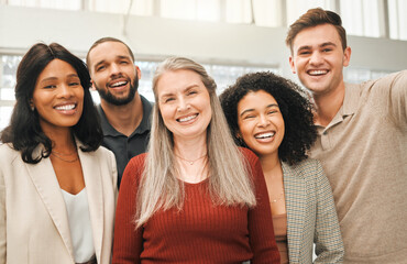 Designers, portrait and happy in office for selfie, collaboration and profile picture. Creative people, social media and smile in agency for small business growth, startup partnership and about us