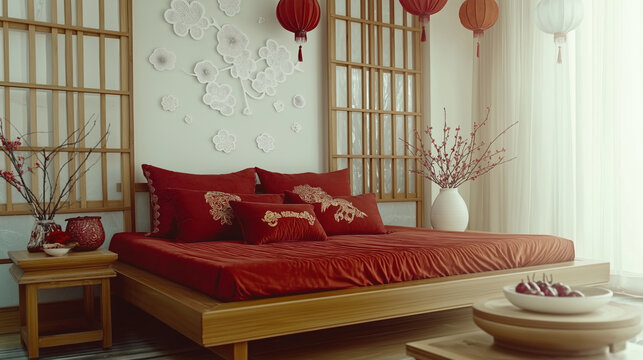 Elegant chinese lunar new year bedroom decor with red lanterns and floral accents - Powered by Adobe