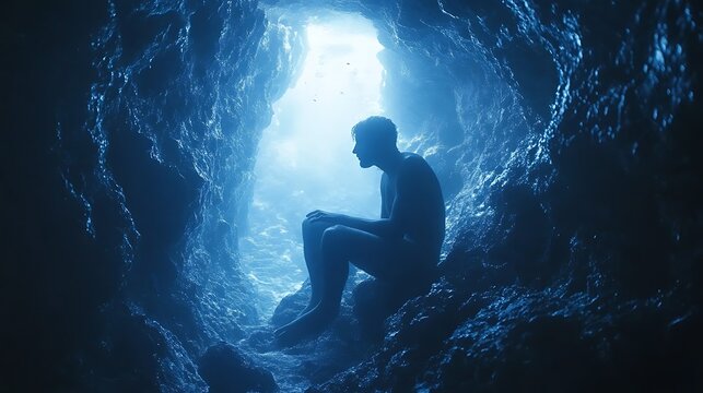 Diver immersed in peaceful blue light in an underwater cavern