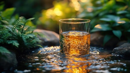 A glass of sparkling drink surrounded by nature, reflecting light and tranquility.