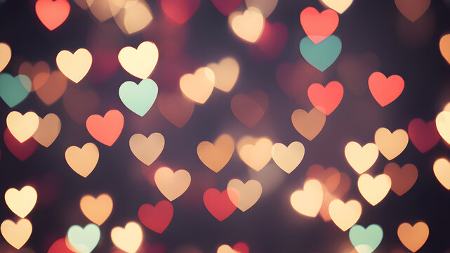  Love symbol heart shpaes in  colorful bokeh lights, concept for Valentine's Day, wedding etc. AI generated image