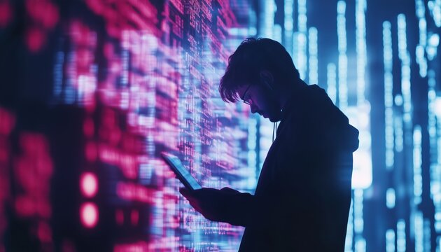 Man Programmer Developing Software Apps And Internet Technology, Working On Mobile Phone And Laptop With Binary And Javascript Code Displayed On Virtual Screen.