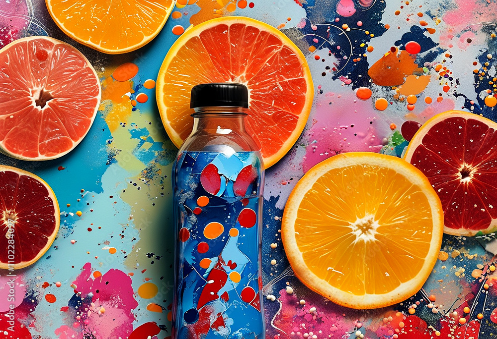 Poster vibrant citrus fruits and a colorful bottle create an artistic display on canvas