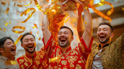 Joyful lunar new year celebration with dragon dance and festive confetti