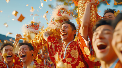 Joyful celebration of chinese lunar new year with dragon dance and festive cheer