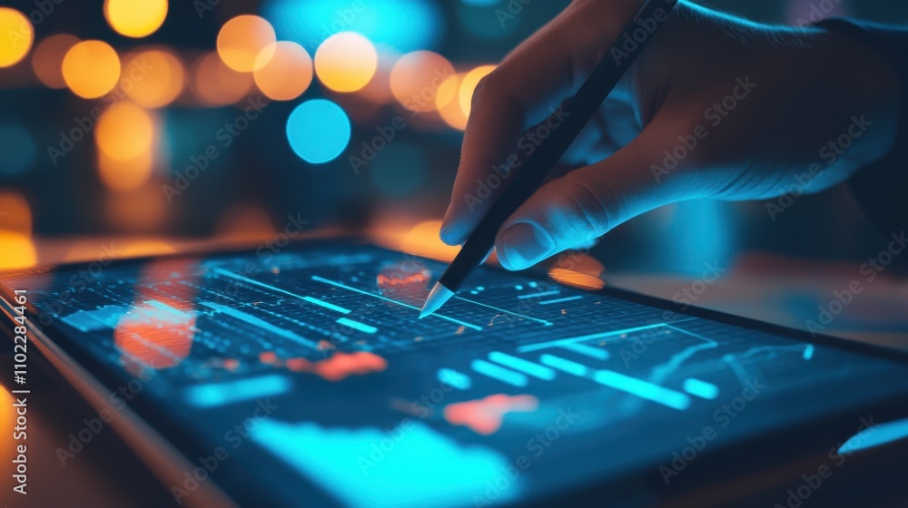 Poster closeup of hands typing on a glowing laptop keyboard in a dark setting with bokeh lights