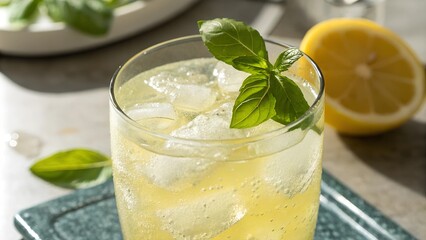 Close-up of lemon basil lemonade in glass with basil garnish