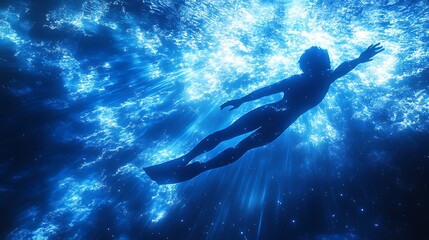 Ethereal underwater view with a diver in radiant blue beams