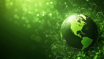 Eco-Friendly Technology Symbols and Globe on Green Background. AI generated illustration