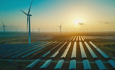Solar panels and wind turbines at a solar power plant at sunset against a beautiful landscape, 3d rendering.