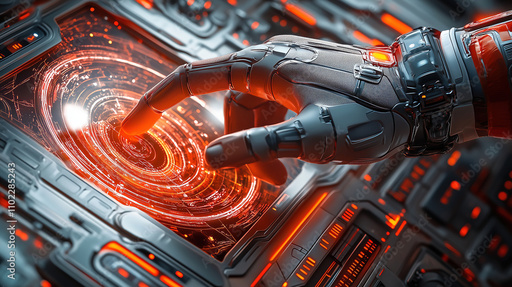 Poster futuristic robotic hand interacting with holographic display in a high-tech environment. generative 
