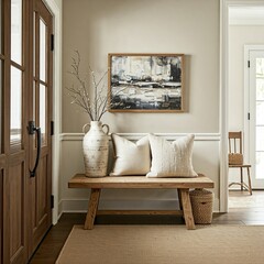 Modern farmhouse hall with a rustic entryway featuring a wooden bench, neutral decor, textured cushion, and abstract art in a warm, inviting space