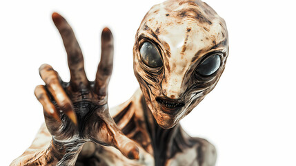 Obraz premium Illustration of an alien holding up hand above its head on a white background. Alien. Illustration