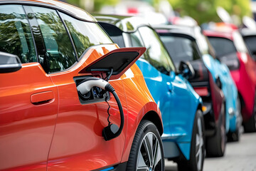 A row of electric cars charging, showcasing vibrant colors and modern design.