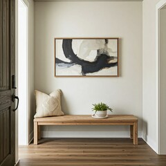Modern farmhouse hall with a rustic entryway featuring a wooden bench, neutral decor, textured cushion, and abstract art in a warm, inviting space