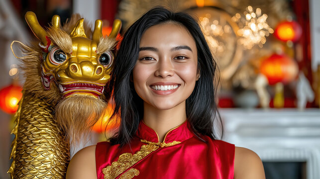 Joyful chinese lunar new year celebration with traditional dragon decoration