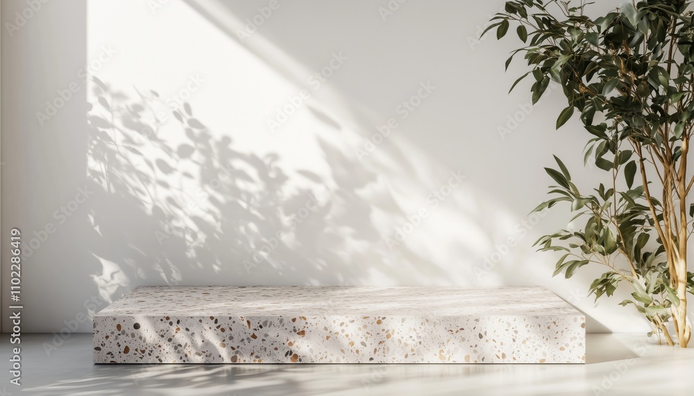 Poster terrazzo square podium 3d render mockup with sun shadow against white wall: modern design for showca