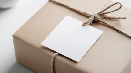 Rustic twine-wrapped beige gift box with a blank white label, ideal for adding a personal touch