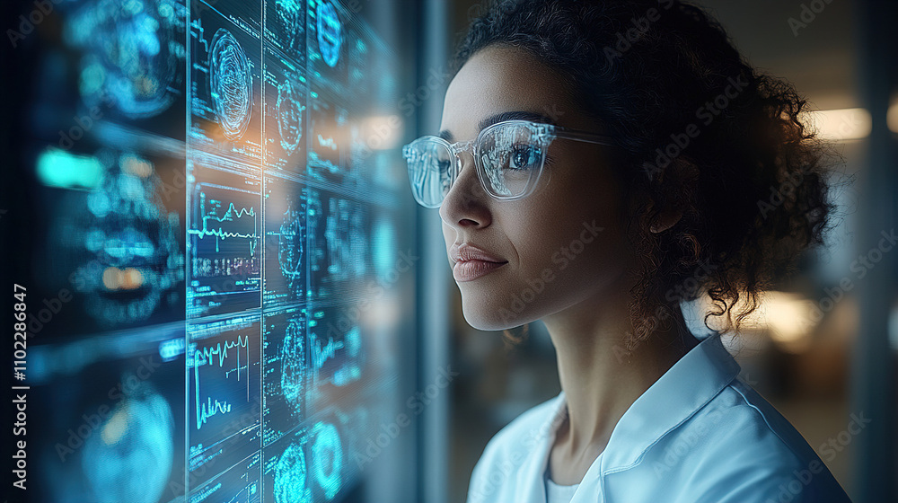 Aufkleber professional woman analyzing digital data on a display in a modern office environment during the day