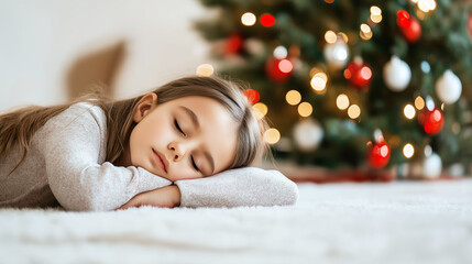 Serene child sleeping peacefully near decorated christmas tree, enjoying the festive atmosphere and holiday spirit
