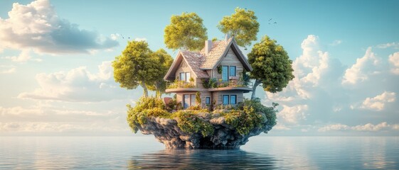 Enchanting house on a floating island with lush trees and serene sky reflects tranquility and whimsy in this surreal, magical landscape.