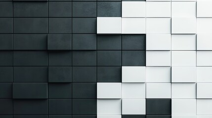 A modern abstract design featuring a wall of alternating black and white cubes, creating a visually striking contrast.